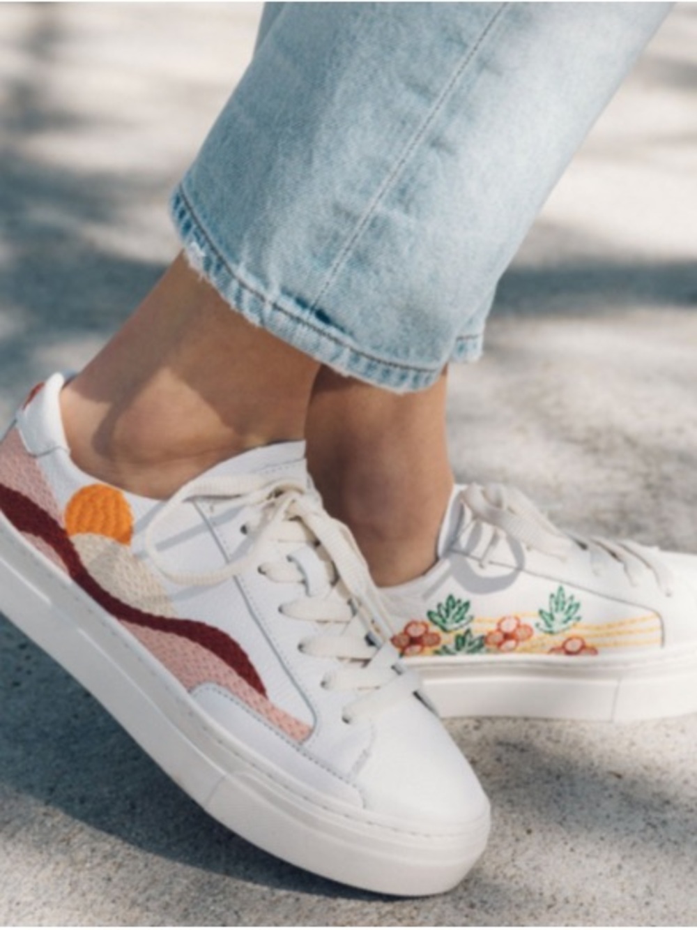 Soludos White Sneakers soft leather Embroidered Floral & Wave Accents